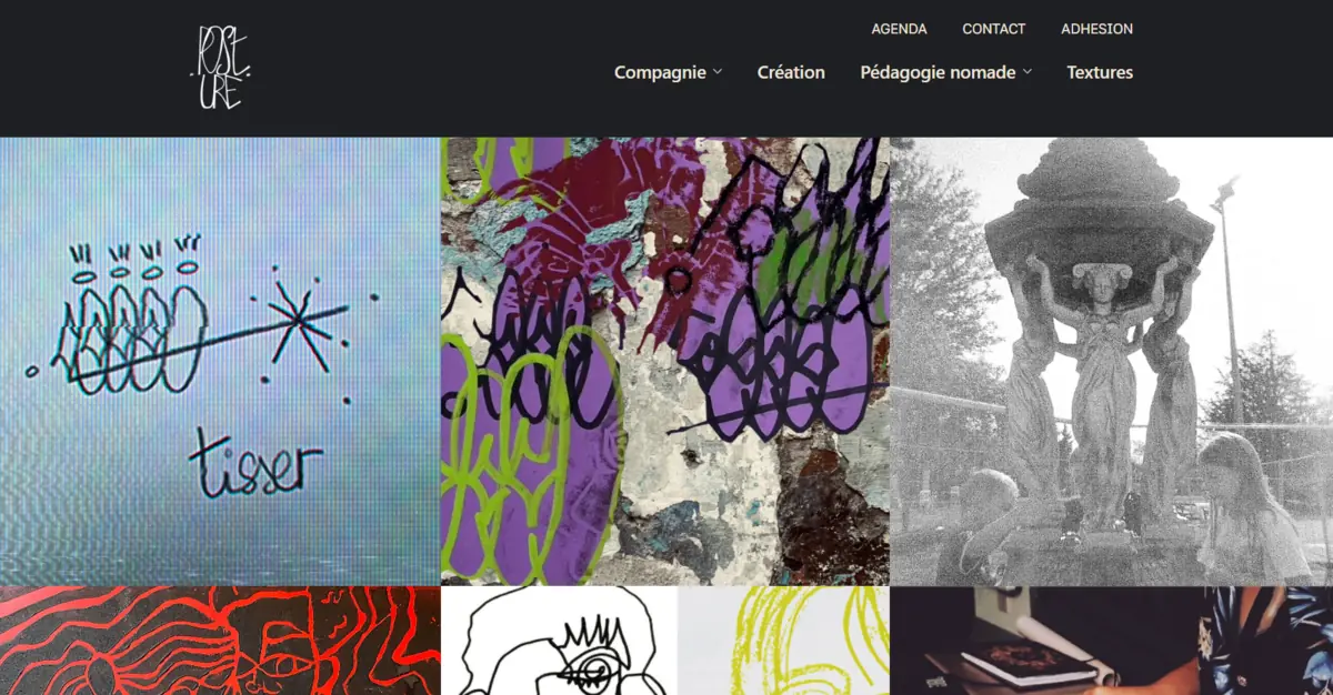 Page Textures du site de la Cie Post(ure), en mosaïque colorée